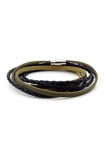 Solfera Men's Three-Row Wrapped Green Black Genuine Leather Bracelet BT354