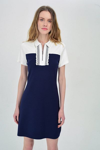 Hanna's by Hanna Darsa Women's Navy Blue White Shirt Collar Front Zipper and Rib Detailed Tight Dress Hn1415