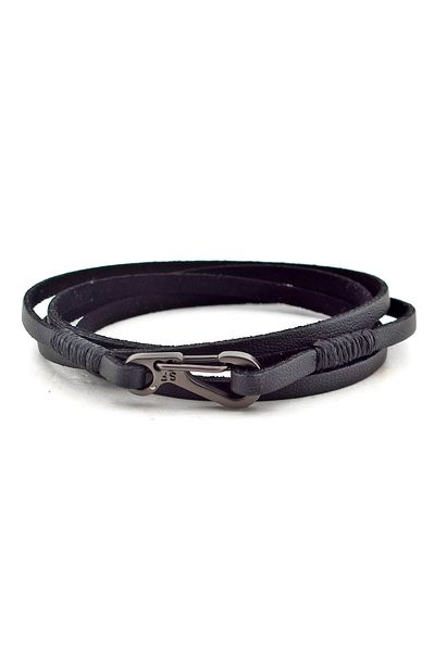 Solfera Anthracite Black Leather Four Rows Wrap Men's Bracelet with Metal Hooks Bt317