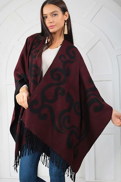 By Saygı Women's Burgundy-Black Shawl Pattern Double Sided Poncho S-18K1940024