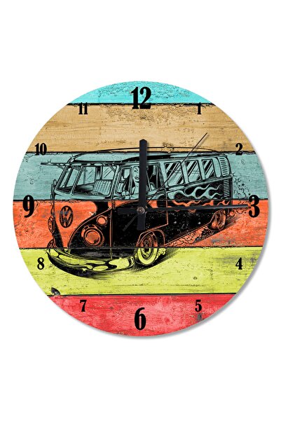 Cakatablo Çap Renkli Vosvos Minibüs Ahşap Duvar Saati 50 cm.