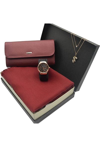 Spectrum Gift Set Claret Red - Women's Shawl - Wallet - Clock - Necklace