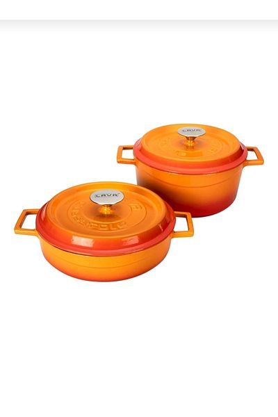 Lava 24 cm Round Cast Iron Orange Pot and 28 cm Cast Iron Multi-Purpose Shallow Pot