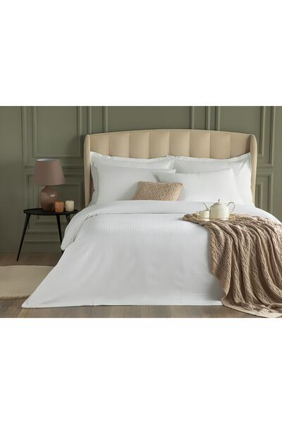 English Home Deluxe Çizgili Pamuk Saten Çift Kişilik Nevresim Takımı Beyaz
