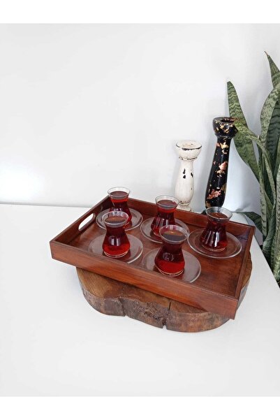 ASLI صينية تقديم خشبية مزخرفة باللون البني العتيق