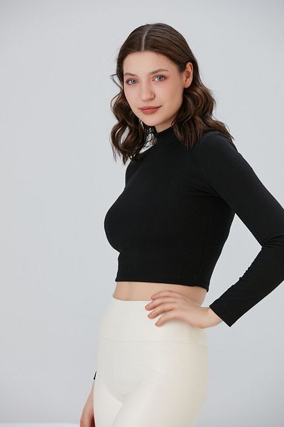 brako tekstil Crop negru pentru femei Crop cu gât