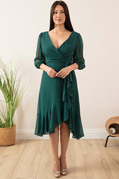 PULLIMM 13372 Kruvaze Yaka Fakir Kol Eteği Valonlu Elbise