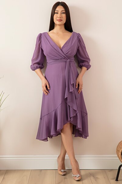 PULLIMM 13372 Rochie din valon cu fustă cu mâneci slabe cu guler dublu