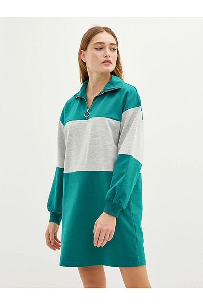 LC Waikiki Γυναικείο μακρυμάνικο φόρεμα Lcw Casual Stand Collar Color Block