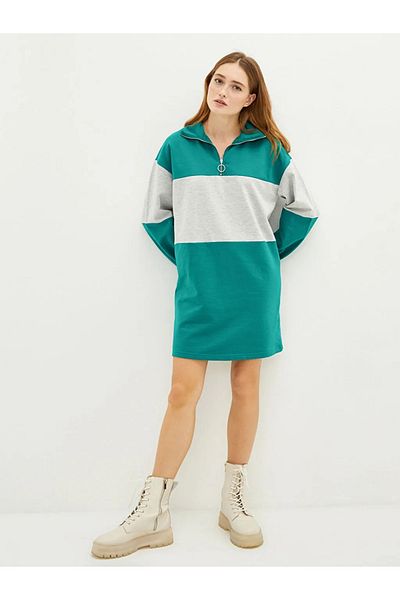 LC Waikiki Γυναικείο μακρυμάνικο φόρεμα Lcw Casual Stand Collar Color Block