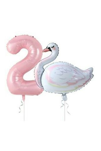 BEST PARTİ DOĞUM GÜNÜ PARTİ SÜSLERİ Swan Balloon Pink Figure Foil Balloon Set Age 2