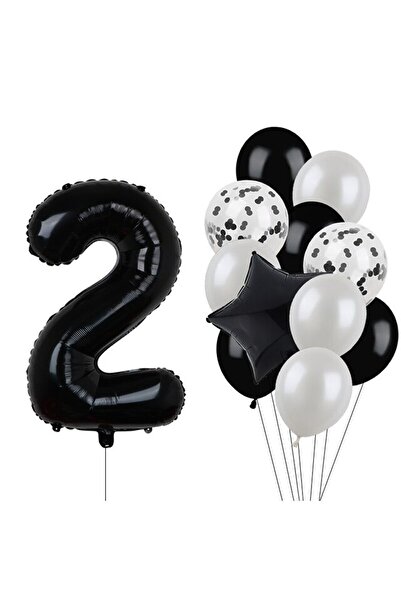 BEST PARTİ DOĞUM GÜNÜ PARTİ SÜSLERİ Siyah Rakam Folyo Ve Latex Balon Seti Yaş 2