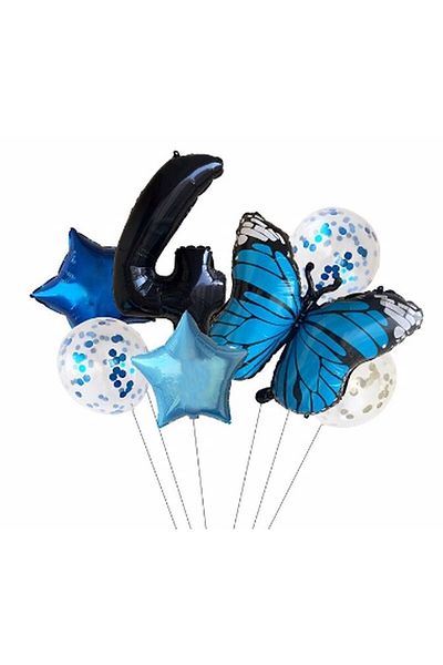 BEST PARTİ DOĞUM GÜNÜ PARTİ SÜSLERİ Blue Butterfly Balloon Set Star Balloon Foil Set Birthday Set Age 4