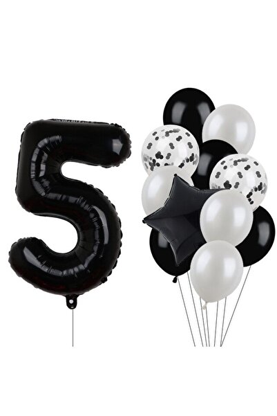 BEST PARTİ DOĞUM GÜNÜ PARTİ SÜSLERİ Siyah Rakam Folyo Ve Latex Balon Seti Yaş 5
