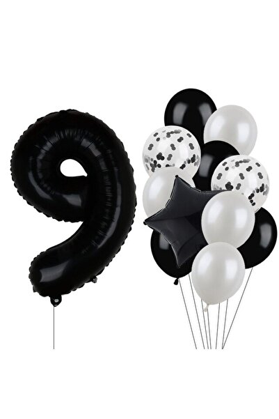 BEST PARTİ DOĞUM GÜNÜ PARTİ SÜSLERİ Siyah Rakam Folyo Ve Latex Balon Seti Yaş 9