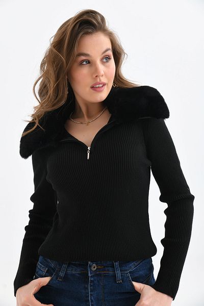 VOLT CLOTHİNG Pulover de damă negru tricotaj - guler de blană, cu fermoar Mw5727