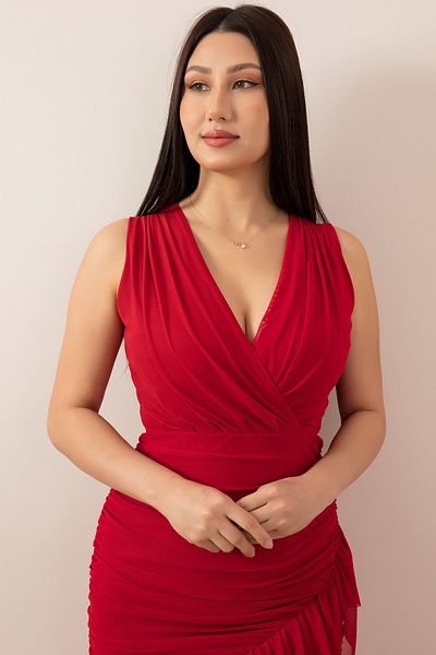 PULLIMM Rochie cu decolteu dublu cu detaliu fustă cu mânecă zero 13393