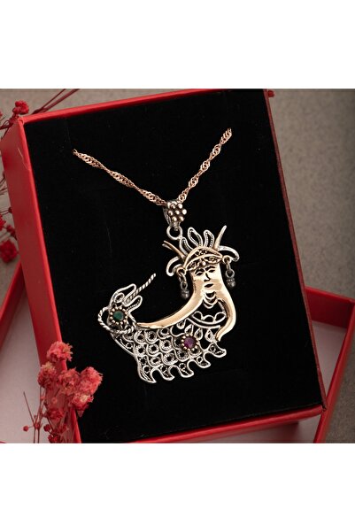 OSMANLI DOĞAL TAŞ Şahmeran Telkari Doğal Taş Rose Gümüş Kolye