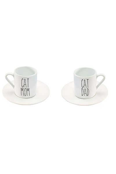 GünayStore Cat Dad & Cat Mom Character Printed Lover Couple Turkish Coffee Cup Set