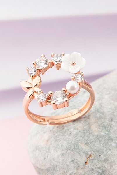 klas gümüş Beyaz Taşlı Rose Manolya Çiçeği Yüzük-925 Ayar Gümüş