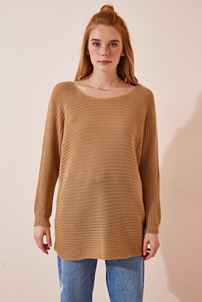 Happiness İstanbul Γυναικείο μπισκότο μπισκότο λαιμόκοψη oversize μακρύ πλεκτό πουλόβερ ZA00067