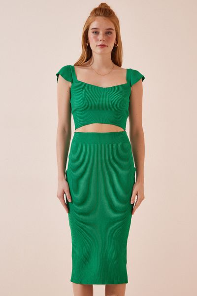 Happiness İstanbul Woman's Vibrant Green Knitted Crop Skirt Set KI00050