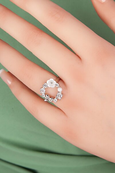 klas gümüş Beyaz Taşlı Rodaj Manolya Çiçeği Yüzük-925 Ayar Gümüş