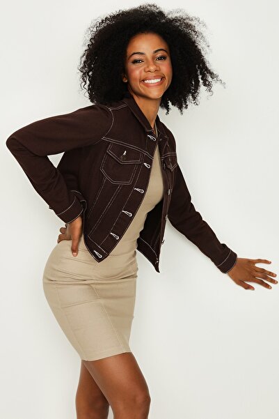 Select Moda Дамско кафяво късо дънково яке с контрастни шевове