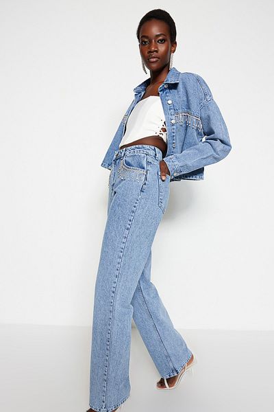 Trendyol Collection Kék kő tartozék részletes magas derekú széles lábú farmer TWOSS23JE00204