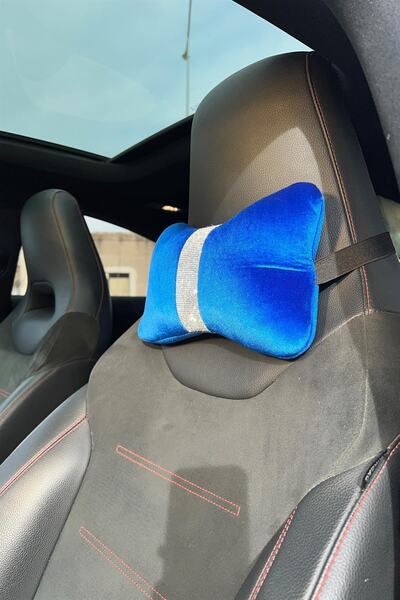 TASARIM ARABAM ATİKE ELİF AKIN وسادة رقبة مخططة باللون الأزرق المخملي الفضي م...