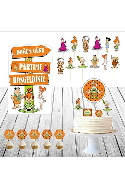 SİYAH PARTİ EVİ Çakmaktaşlar Çakıl Doğum Günü Masa Maketi Pasta Süsü Seti