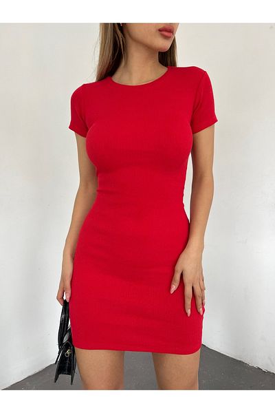 Fav Style Women's Camisole Crew Neck Short Sleeve Ribbed Mini Dress Red