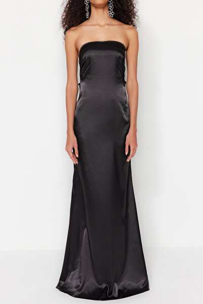 Trendyol Collection Μαύρο βραδινό φόρεμα μακρύ υφαντό σατέν φόρεμα TPRSS23AE00079