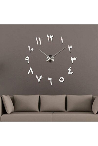 oncawall 3d Dekoratif Arapça Rakamlı Yazılı Pleksi Gümüş Aynalı Duvar Saati