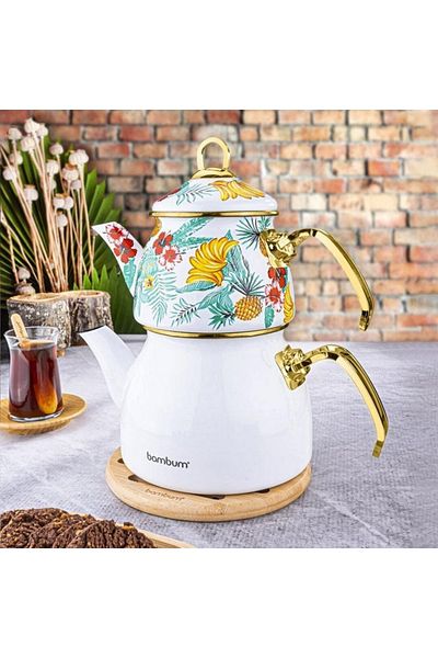 Taşev Bambum Summer - Teapot Set White Patterned