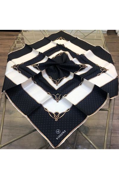 Vissona Γυναικείο Μεταξωτό Φουλάρι Twill 90x90 Μαύρη Κρέμα