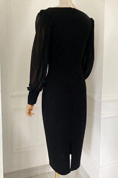 sarebutik Kare Yaka Şifon Kollu Elbise Siyah