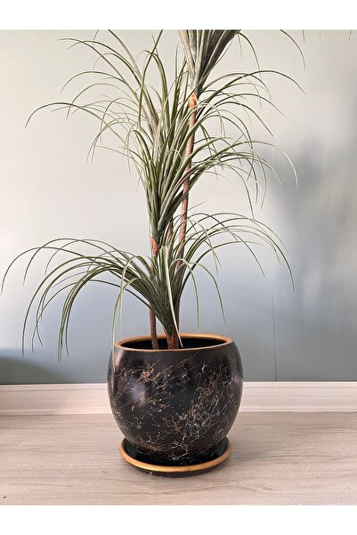 odka 20litre Küre Saksı Tabaklı 27cmx27cm Lily Siyah Gold-beyaz Mermer