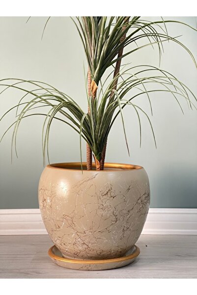 odka 10litre Küre Saksı Tabaklı 23cmx23cm Lily Taş Gold-beyaz Mermer