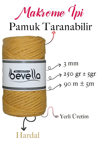Bevella Macrame Cord Σκάνδαλο Μακραμέ 3mm Σκάνδαλο Βαμβακερό Μονό Περιστρεφόμενο Σκάνδαλο Μακραμέ Μουστάρδα