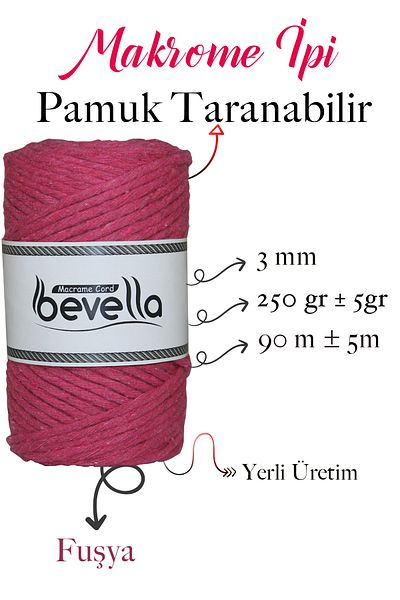Bevella Macrame Cord Scalloped Macrame Thread 3mm Scalloped Cotton Single Twist Macrame Thread Fuchsia