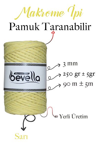 Bevella Macrame Cord Σκάνδαλο Μακραμέ 3mm Σκάνδαλο Βαμβακερό Μονό Περιστρεφόμενο Σκάνδαλο Μακραμέ Κίτρινο