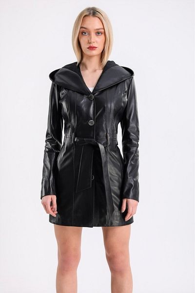 Leather Club Black Hooded Leather Coat