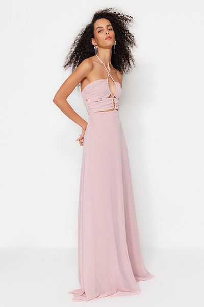 Trendyol Collection Sifon hosszú estélyi ruha - púderes A-kivágás, kivágott részletek és bélés, TPRSS23AE00102