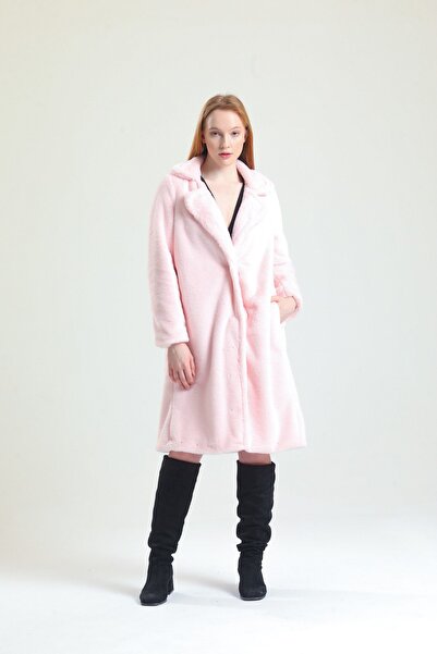 KürkZone Kadın Pembe Ingiliz Yaka Rex Panda Kürk Peluş Manto