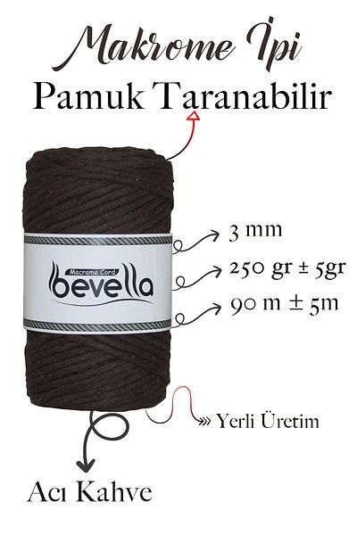 Bevella Macrame Cord Σκάνδαλο Μακραμέ 3 mm Σκάνδαλο Βαμβακερό Bitter Coffee