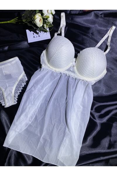 Le Tonnerre Women's Ecru Short Tulle Nightgown Set