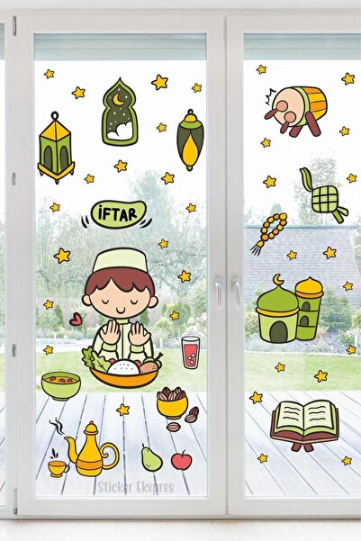 Sticker Ekspres Iftar Yapan Çocuk Ve Ramazan Figürleri Cam Kapı Duvar Sticker...