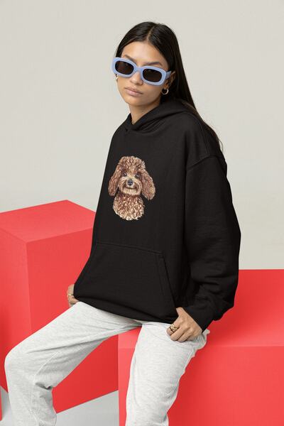 Serbella Poodle Printed Oversize Black Hooded Sweatshirt