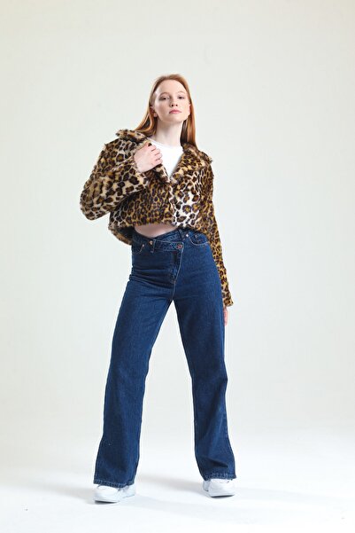 KürkZone Palton scurt de blană pentru femei, cu guler englezesc, leopard